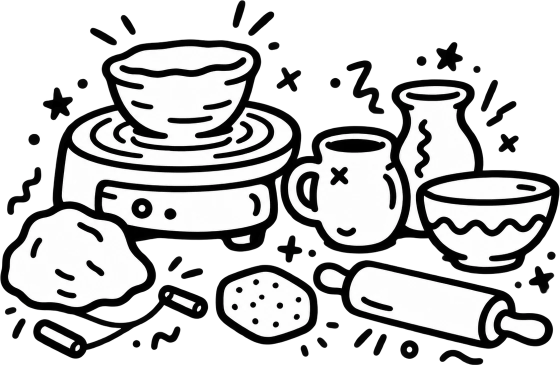 Drawing of a pottery wheel with a bowl on it, finished pots, a lump of clay, a sponge and a rolling pin