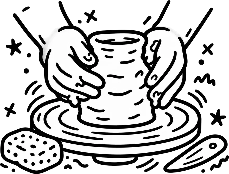 Drawing of two hands shaping a clay pot on a pottery wheel