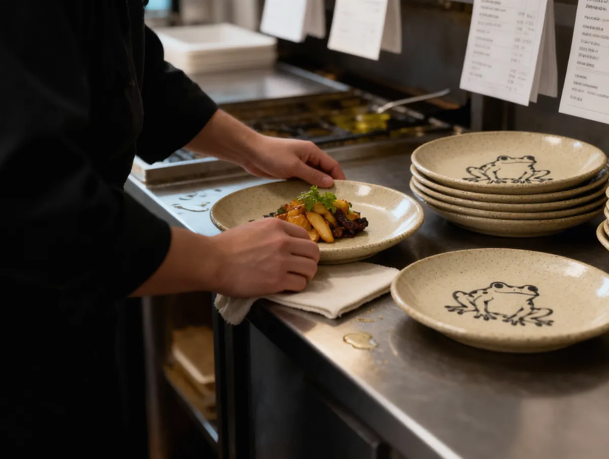 A chef plating food on a speckled handmade plate at a restaurant kitchen pass, next to a stack of plates hand-painted with frogs