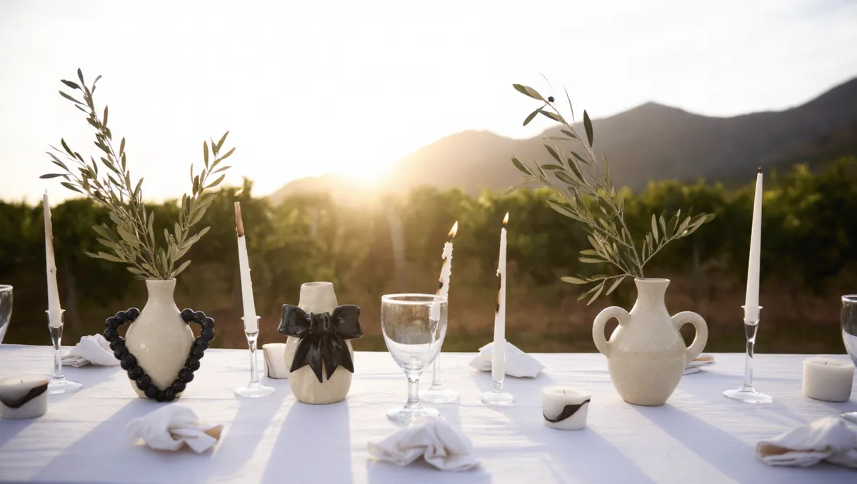 An outdoor wedding table in the Winelands at sunset with cream ceramic bud vases with black bows and beaded heart handles, olive stems and tall candles