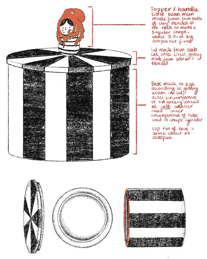 Pencil design sheet for a wide striped lidded jar with a small clay figure wearing a red octopus hat as the handle, with views from the top and side and red handwritten notes
