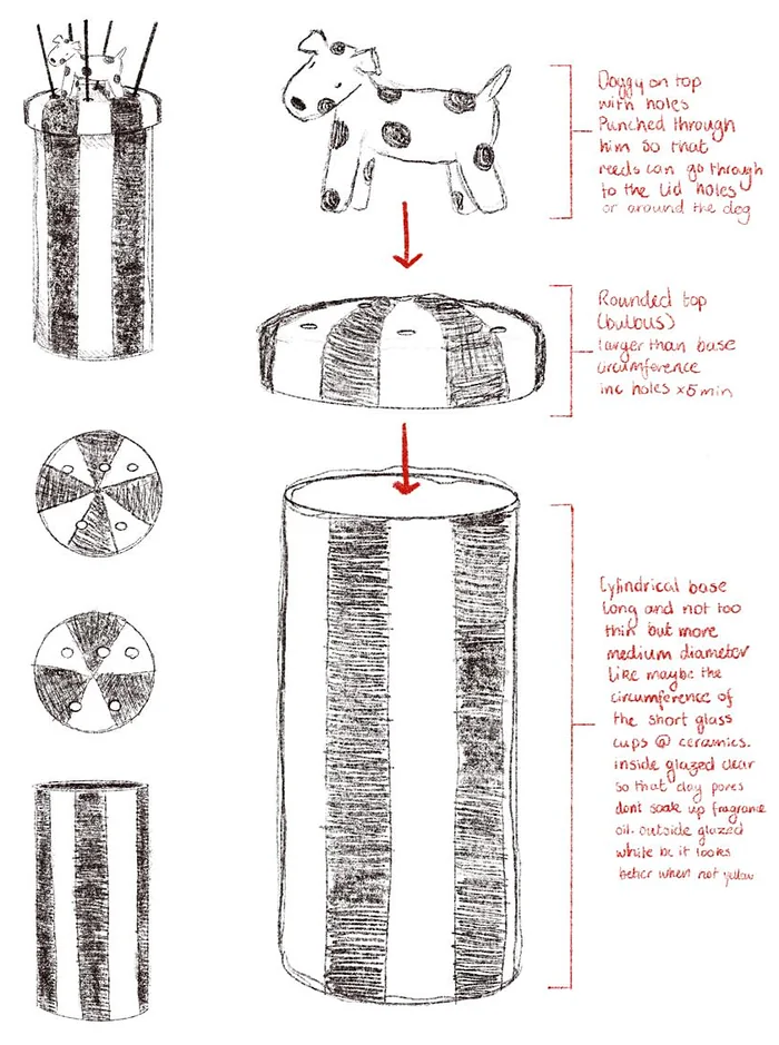 Pencil design sheet for a tall black-and-white striped reed diffuser jar with a spotty dog on the domed lid, with handwritten notes in red
